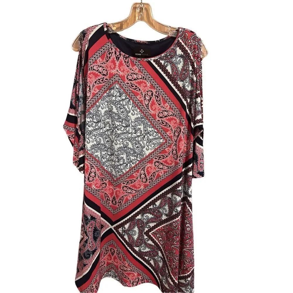 Ronni Nicole Women’s Size 10 Open Shoulder 3/4 Slv Lined Navy Printed Dress